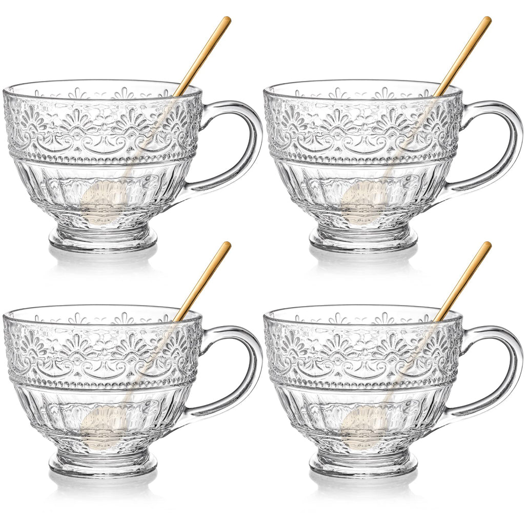 AVLA 4 Pack Glass Coffee Mugs, 16 OZ Clear Tea Cups with Handle and Spoons, Crystal Drinking Glassware for Latte, Cappuccino, Americano, Juice, Hot Beverage, Water, Dishwasher & Microwave Safe