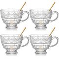 AVLA 4 Pack Glass Coffee Mugs, 16 OZ Clear Tea Cups with Handle and Spoons, Crystal Drinking Glassware for Latte, Cappuccino, Americano, Juice, Hot Beverage, Water, Dishwasher & Microwave Safe