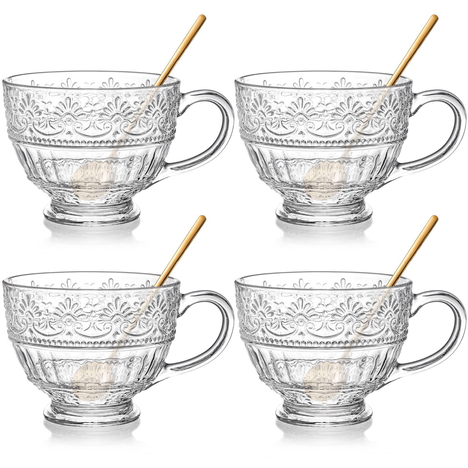 AVLA 4 Pack Glass Coffee Mugs, 16 OZ Clear Tea Cups with Handle and Spoons, Crystal Drinking Glassware for Latte, Cappuccino, Americano, Juice, Hot Beverage, Water, Dishwasher & Microwave Safe
