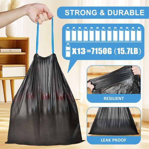 120 Count-4 Gallon Trash Bags Drawstring, Black Small Garbage Bags, JUKFITA Unscented Trash Can Liners, Strong Wastebasket Liner for Bathroom Toilet Office Bedroom