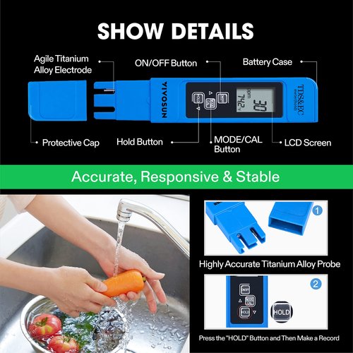 VIVOSUN TDS Tester 3-in-1 TDS EC & Temperature Meter Ultrahigh Accuracy Digital Water Quality TDS Tester (Blue)