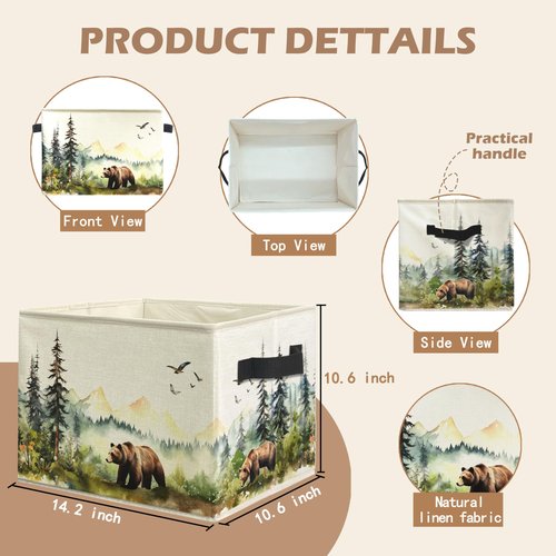 WARDOS Forest Brown Bear Nursery Storage Bin Box with Handles, Watercolor Wild Animal Bear Foldable Linen Fabric Laundry Basket for Kids Room Nursery Playroom Bathroom Clothes Toys Books
