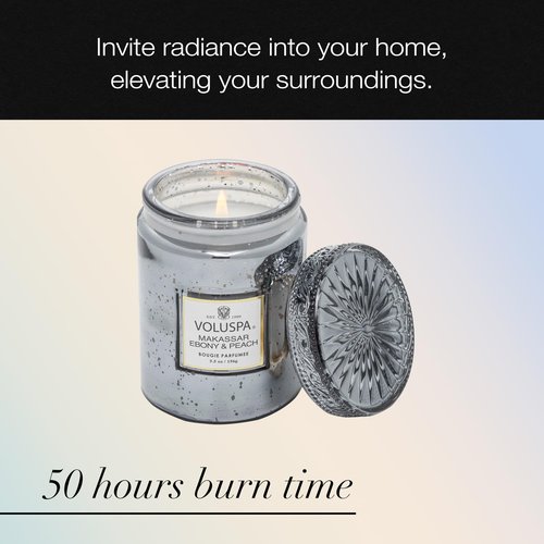 Voluspa Makassar Ebony & Peach, Small Candle Jar, 5.5 oz, 50 Hour Burn Time, Coconut Wax for Clean Burning, Handcrafted in The USA