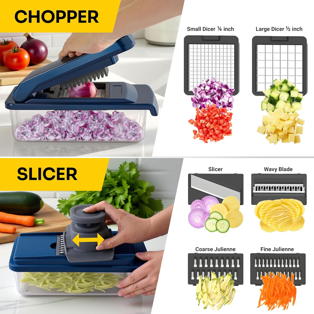 UltraChop 12-Blade Heavy Duty Vegetable Chopper - All-In-One Food Slicer & Spiralizer | Blue
