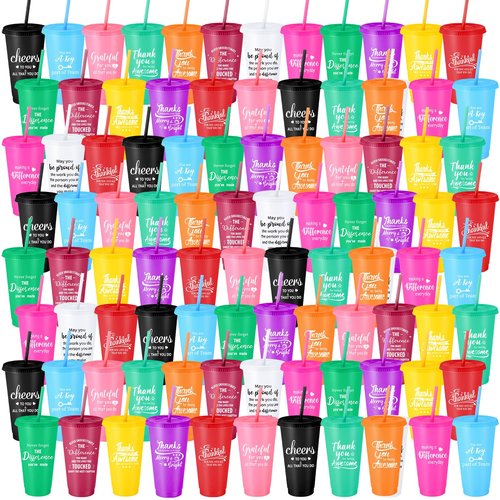 Skylety 96 Pcs Employee Appreciation Gifts Bulk 24 oz Plastic Tumbler with Lid Straw Social Worker Gift Plastic Cup Thank You Gift for Coworker Volunteer Staff Teacher Office Team (Cute Color)