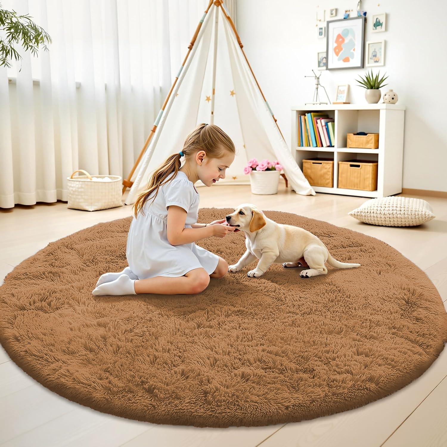 OLANLY Round Khaki Area Rug - Soft, Fluffy, Machine Washable 9 ft Circle Carpet for Bedroom & Living Room