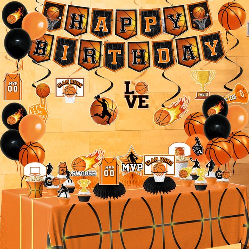 Basketball Party Decorations, 214Pcs Basketball Birthday Party Decorations Includes Plates,Napkins,Cups,Tablecloth,Banner,Hanging Swirls,Honeycomb,Balloons,Cake Topper for Sports Birthday Decorations