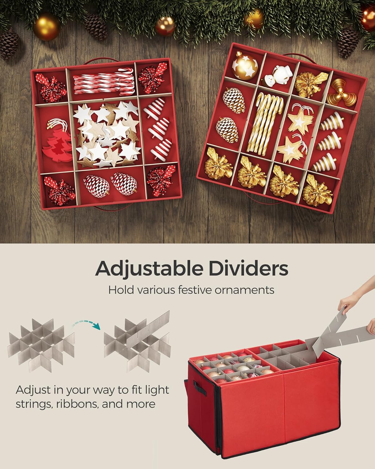 SONGMICS Large Christmas Ornament Storage Box - Stackable Container with 8 Drawer Trays, 128 Slots, Cherry Red