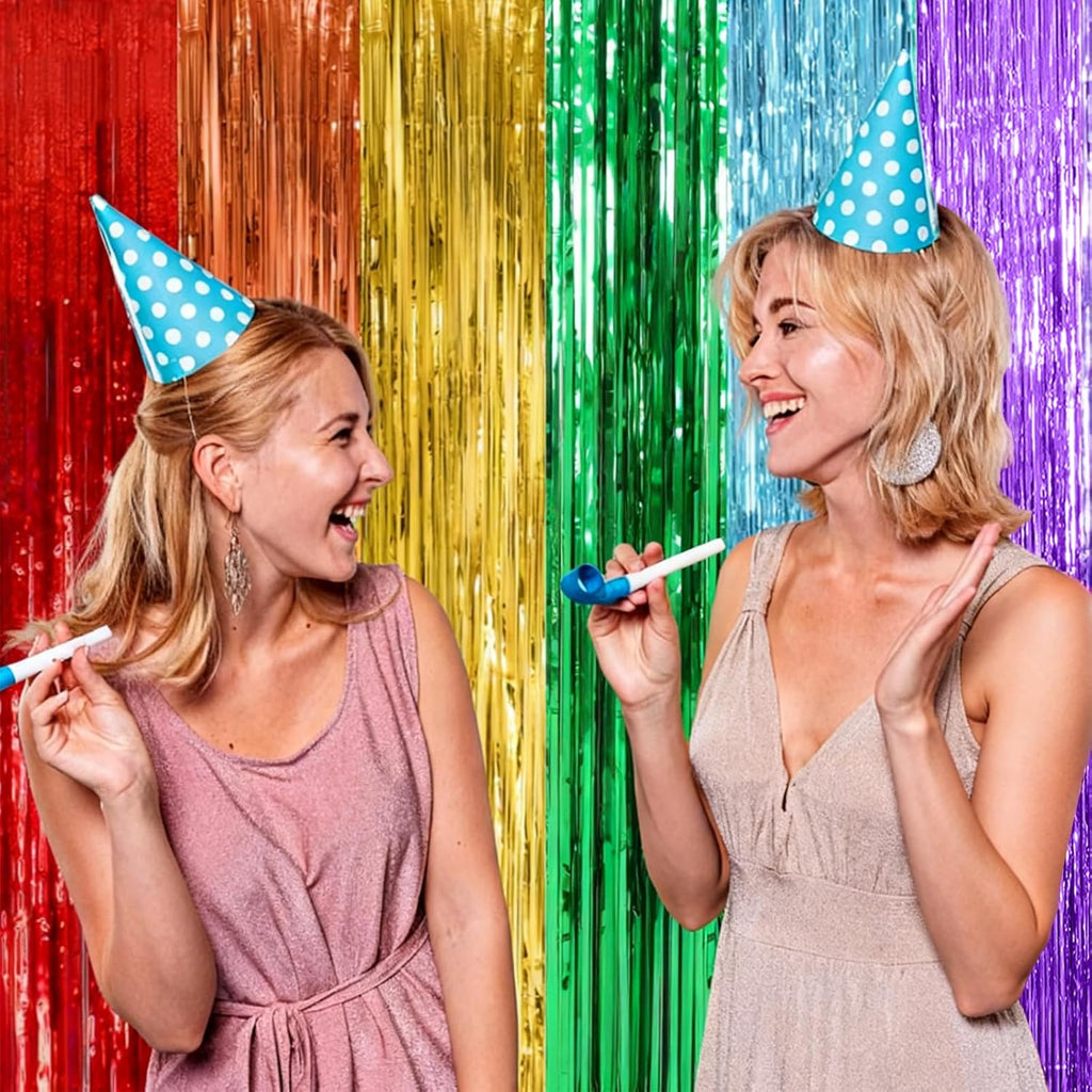 Skiennix Rainbow Backdrop - Colorful Tinsel Curtain Party Streamer for Birthdays & Events | 5 Pack