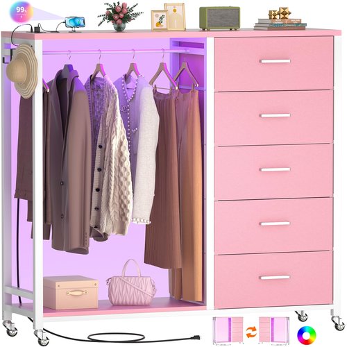 Cyclysio Dresser with Hanging Rack, 5 Fabric Drawers Dresser with Clothes Rack, Wooden Top Storage Chest of Drawers with Charging Station & LED Lights, Lockable Wheels, Closet