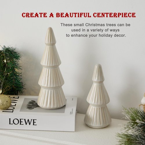Mokof Christmas Decorations, Ceramic Christmas Tree, Small Farmhouse Christmas Decor Trees for Table Top, Mantle, Set of 2 (9.5" H & 7.5" H)
