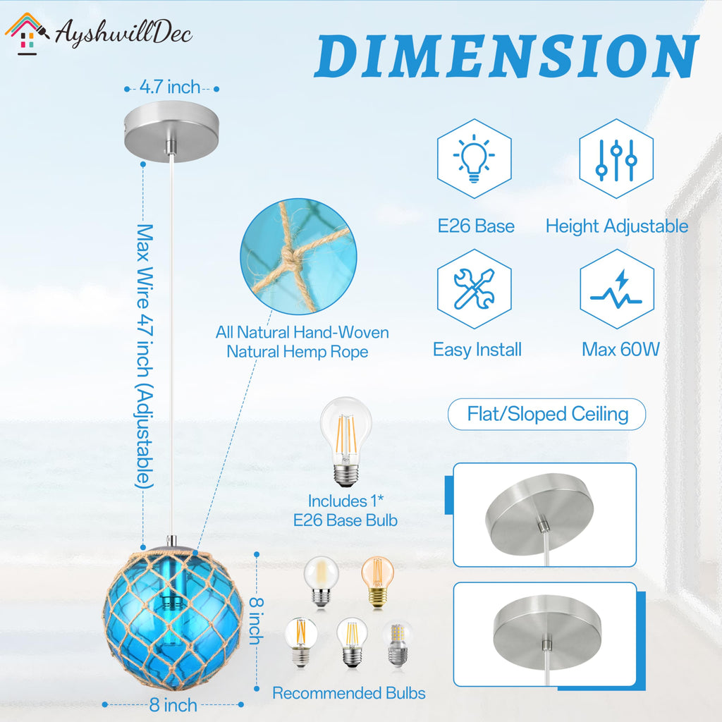 Blue Pendant Light Coastal Pendant Light Nautical Pendant Lighting Beach House Lighting Fixtures Ocean Lighting Fixture Coastal Hanging Light Fixtures Fish Float Glass Ball Lighting(Bulb Incl.