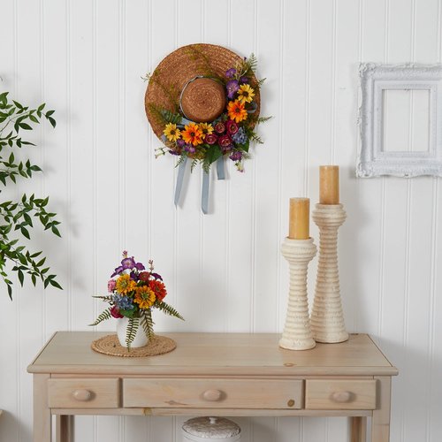 Nearly Natural 4587 Mixed Flower Hat Wreath,18"