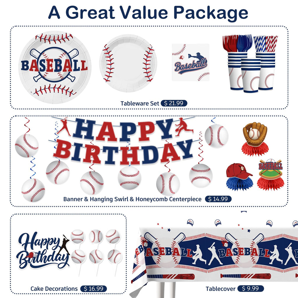 Xynic 202Pcs Baseball Birthday Decorations Tableware Set Serve 25 Guests, Baseball Party Decorations Include Banner, Plates, Tablecloth, Cake Topper, Cups, Cupcake Topper for Baseball Birthday Party