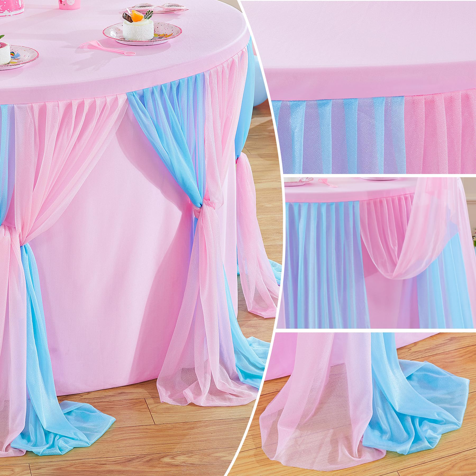 Besutolife Blue Pink Tablecloth for Round Tables 6ft Tulle Table Skirt for Baby Shower Birthday Party Dining Table Buffet Parties Camping