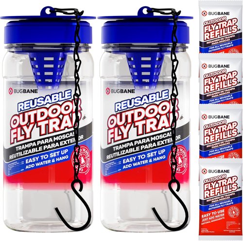 2 Fly Traps Outdoor - Non-Toxic Dissolvable Bait Refills | Reusable Hanging Bug Catcher for Patio