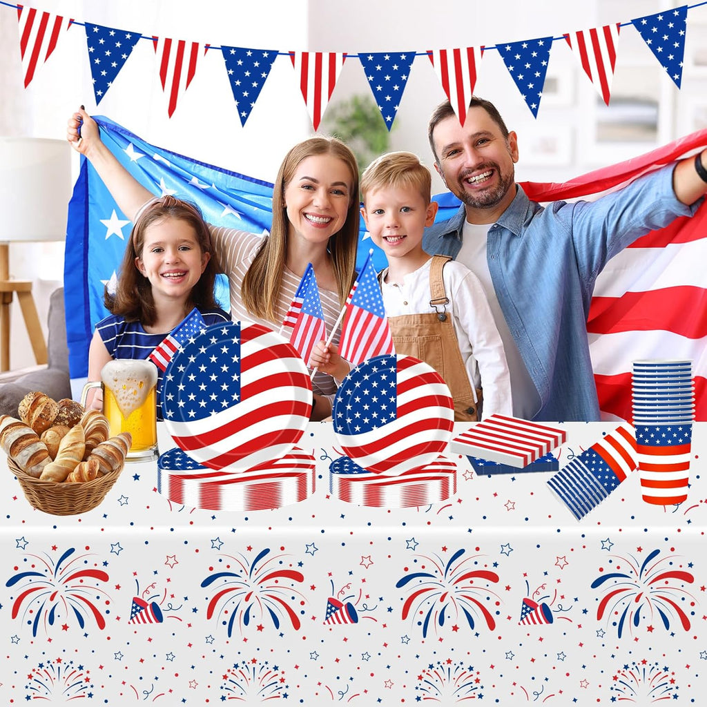 Patriotic Party Supplies | 4th of July Decorations Set with Plates, Napkins, Cups & Tablecloth for 25 Guests