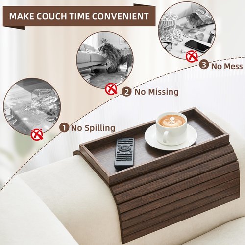 LOVYANXUE Couch Arm Tray, Anti-Falling Bamboo Sofa Armrest Tray Table, Foldable & Portable Armrest Tray Cup Holder Side Table for Drinks, Coffee, Phone, Snacks, Remote