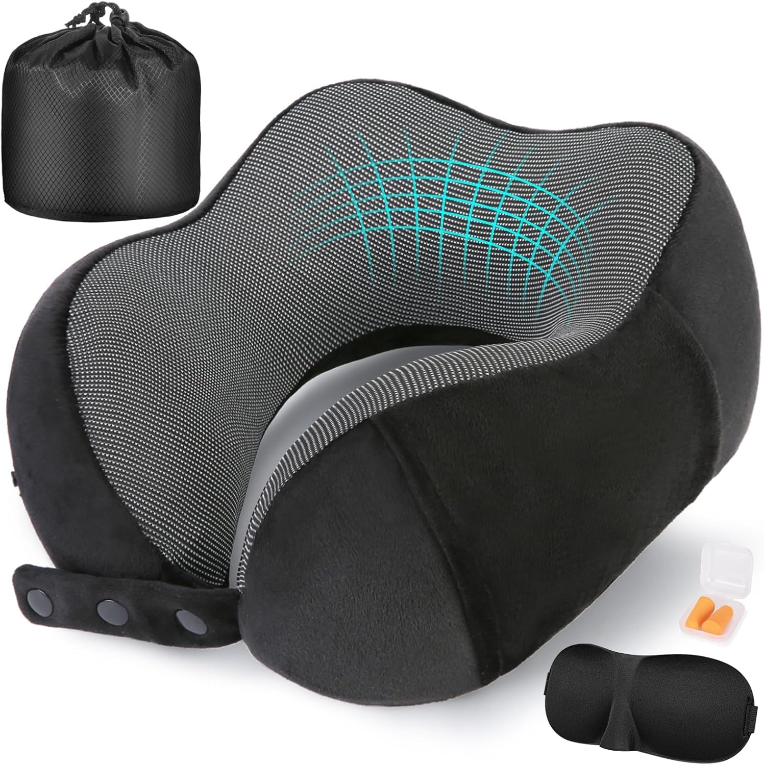Cirorld Travel Neck Pillow - 100% Pure Memory Foam, Adjustable Comfort with Eye Mask & Earplugs | Portable Travel Accessory