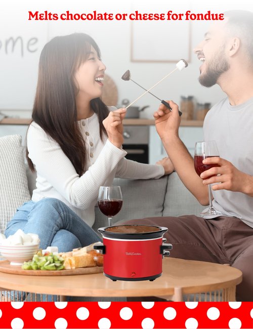 Betty Crocker 0.7-Quart Mini Slow Cooker, Chocolatier & Simmer Pot, Electric Pot with Removable Stoneware Crock, Cool Touch Handles, Tempered Glass Lid, Perfect for Fondue & Dips, BC-2555R, Red