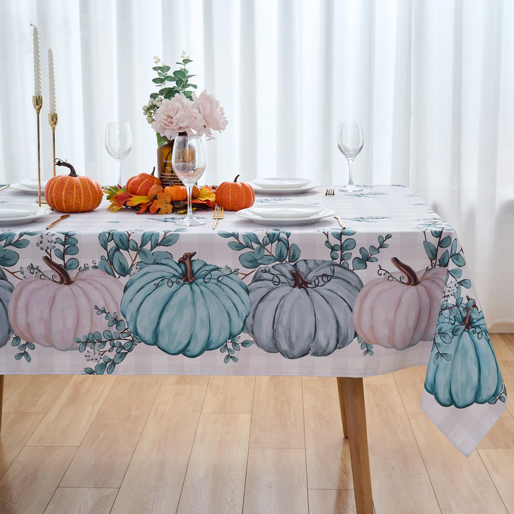 VEDACHIC Thanksgiving Tablecloth Blue Fall Pumpkin Buffalo Plaid Rectangle Table Cloth - 60x84 Inch Oblong Autumn Polyester Table Cover Reusable Water Resistant for Outdoor Holiday Party Picnic