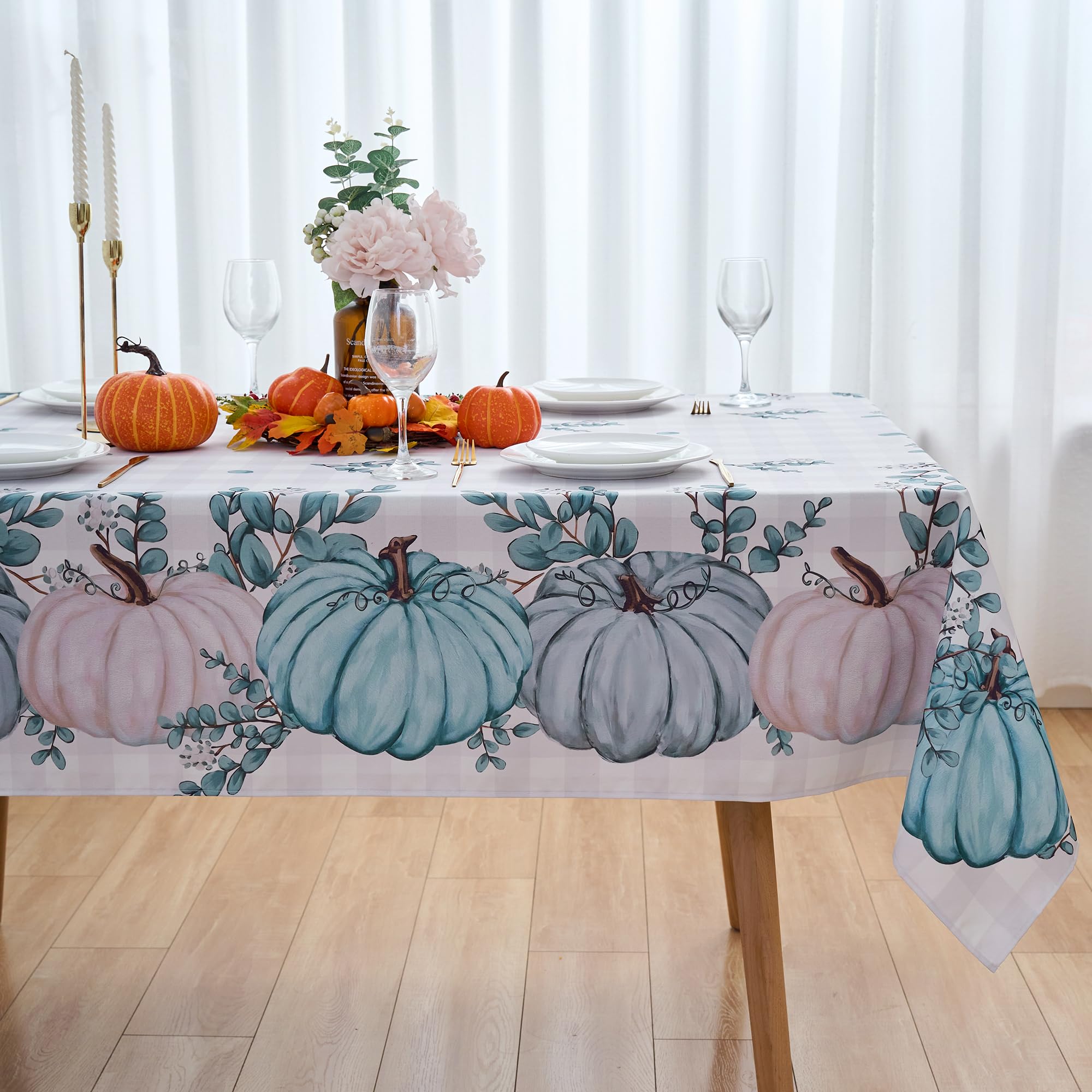 VEDACHIC Thanksgiving Tablecloth Blue Fall Pumpkin Buffalo Plaid Rectangle Table Cloth - 60x84 Inch Oblong Autumn Polyester Table Cover Reusable Water Resistant for Outdoor Holiday Party Picnic
