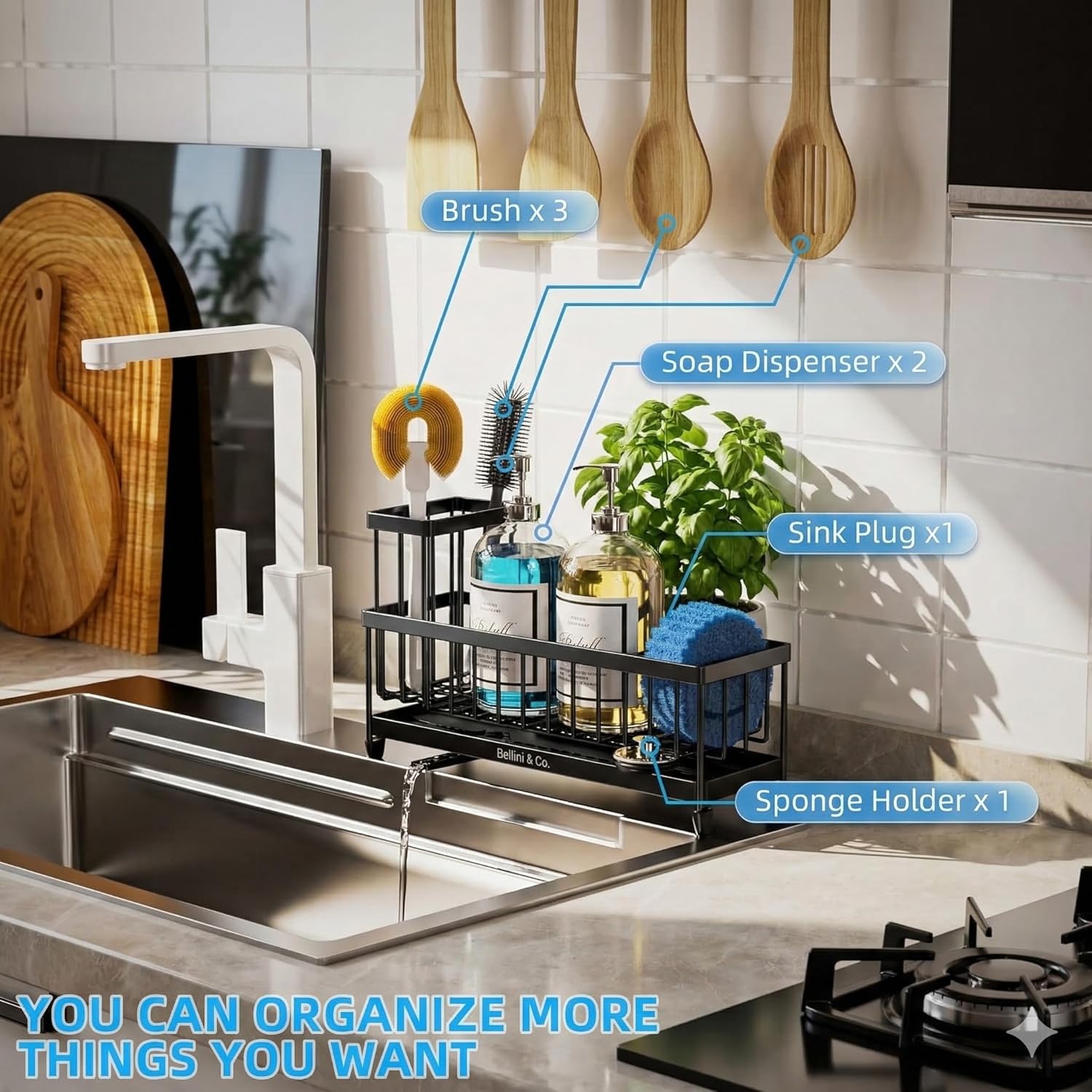✪®Premium Kitchen Sink Organizer Caddy - Extra Large Stainless Steel Sponge Holder & Soap Dispenser Tray (Black)