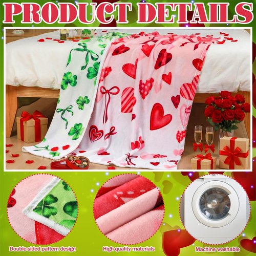 Breling Valentine's Day St. Patrick's Throw Flannel Blanket Double-Sided Printing Green Four-Leaf Clover Red Heart Throw Blanket with Holiday Themed Print for Gift Couch Sofa Bed Home Decor 60"x50"
