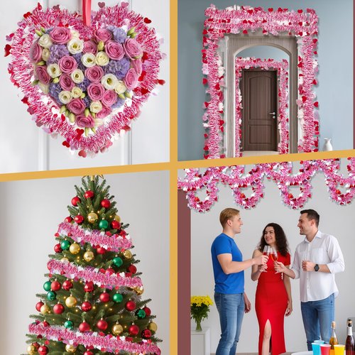 50FT Valentines Day Garland - Red Pink White Heart Valentines Tinsel Garland, Metallic Valentine Day Garland Decor for Mantel, Tree, Valentine's Day Decorations for Home (Pink)