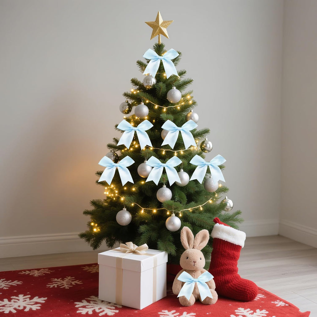 Skiennix Premium Satin Ribbon Bows - 50 Pack 3.3 Inch Gift Wrap Bows in Light Blue for Holidays & Parties