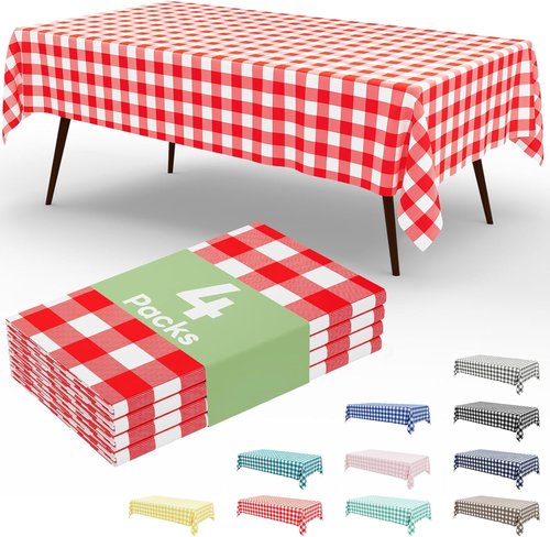 Misaya Disposable Tablecloths - 4 Packs Waterproof Plastic, 54 x 108 Inch Red & White Checkered for Parties & Picnics