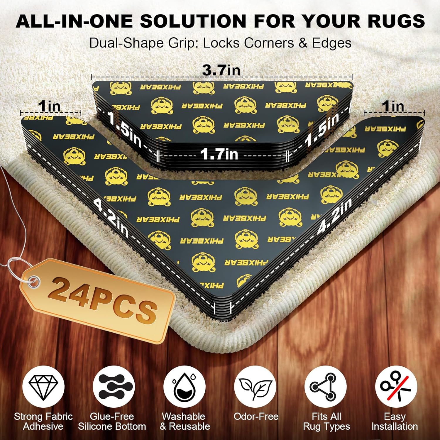 PHIXBEAR Rug Tape | 24 Pcs Strong Hold Anti-Slip Pads | Washable & Reusable Silicone Bottom
