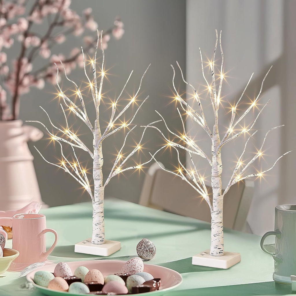 PEIDUO 2FT Birch Tree Easter Decorations - LED Light Up Tree Lamp with Timer & Warm White Glow | Indoor Table Decor (2PK)