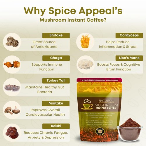 Spice Appeal Mushroom Instant Coffee blended with 7 superfood herbals & mushrooms, 35 Servings, 4.25 oz