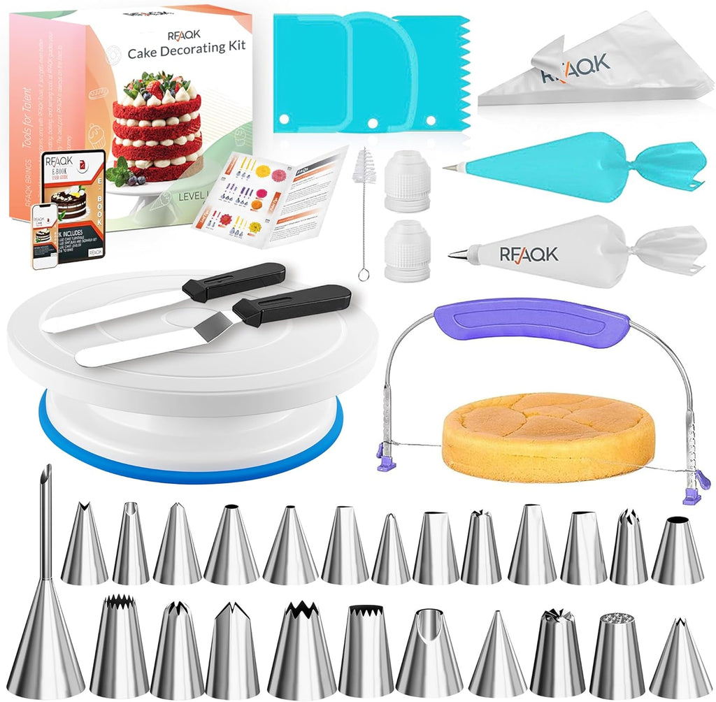 RFAQK 90-Piece Cake Decorating Kit - Complete Baking Supplies Gift with Turntable, Icing Tips & More