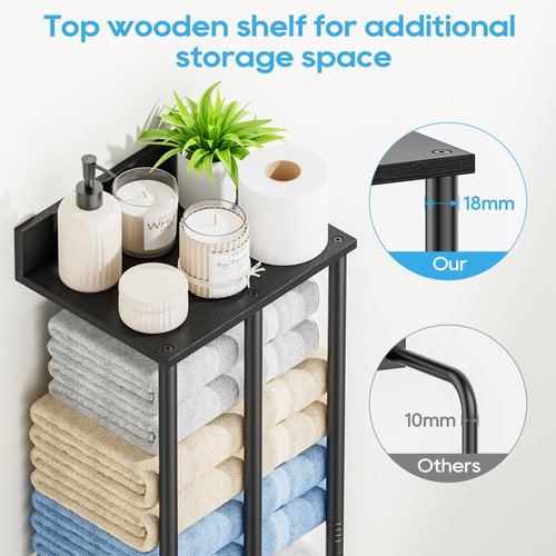 WeGXY Towel Racks for Bathroom Wall Mounted with Wooden Storage Shelf, Updated 3 Bar Metal Towel Holder for Rolled Towels, Sturdy and Large Capacity, Towel Storage Organizer-Black