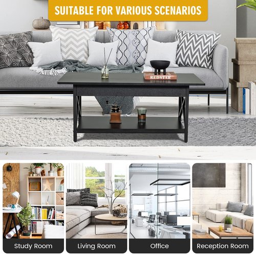COSTWAY Industrial Coffee Table, 2-Tier Wood Cocktail Tea Table with Storage Shelf and X-Shape Steel Frame, Rectangle Sofa Side Accent Table for Living Room Home Office, Black