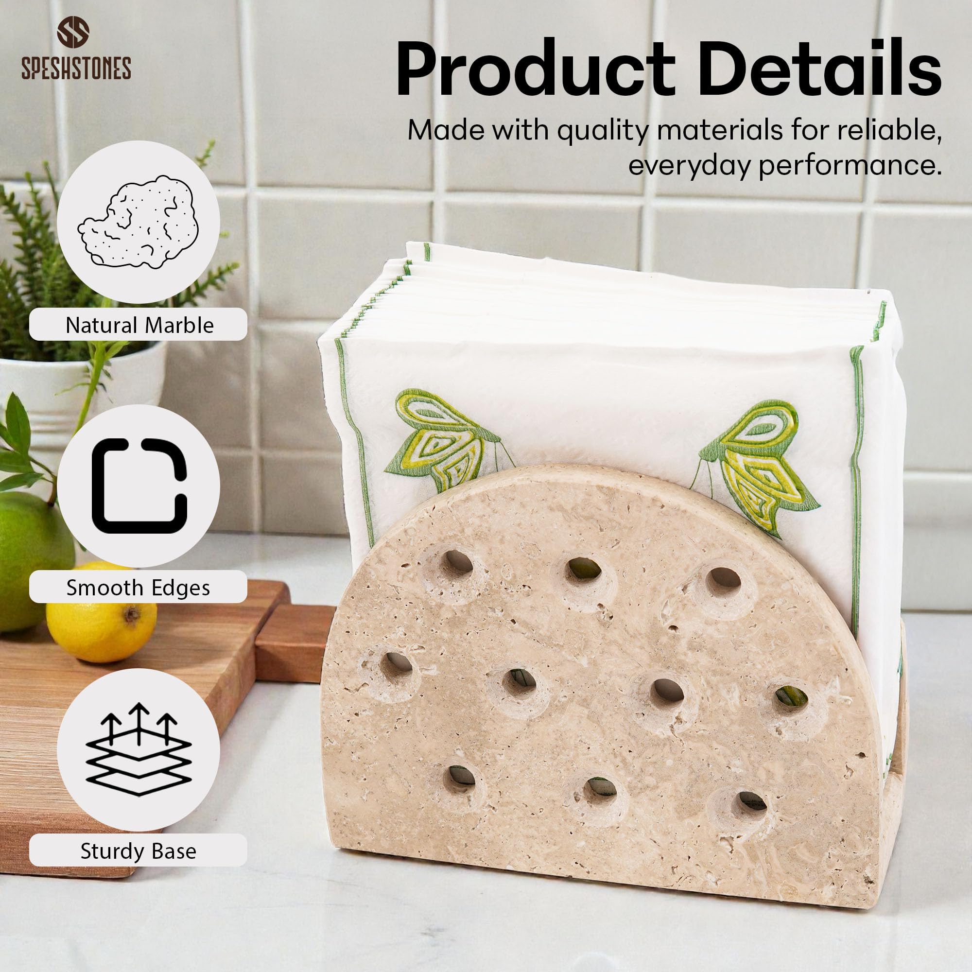 SPESHSTONES Marble Napkin Holder for Table 6.5 Inches Handmade Travertine Paper Napkin Holders for Napkins Everyday - Modern Cocktail Napkin & Tissue Holder for Kitchen Countertop and Bathroom Decor