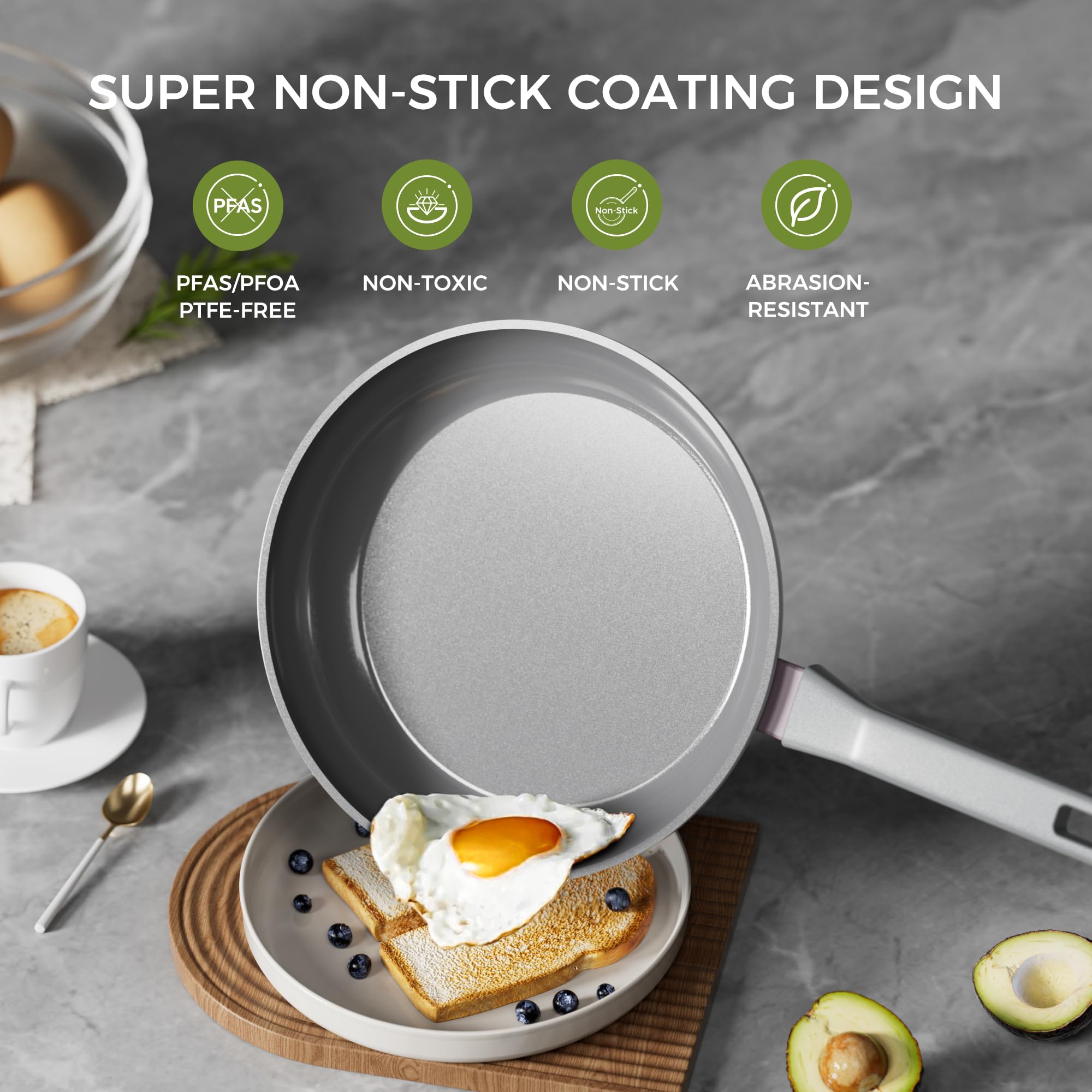 Sanho Nonstick Frying Pans Set, Ceramic Pan Skillet, Non Toxic Pans for Cooking, 8" 10" 12" Ceramic Frying Pan Set PFAS & PTFE & PFOA Free with Stay Cool Handle, Dishwasher & Oven Safe, Gray