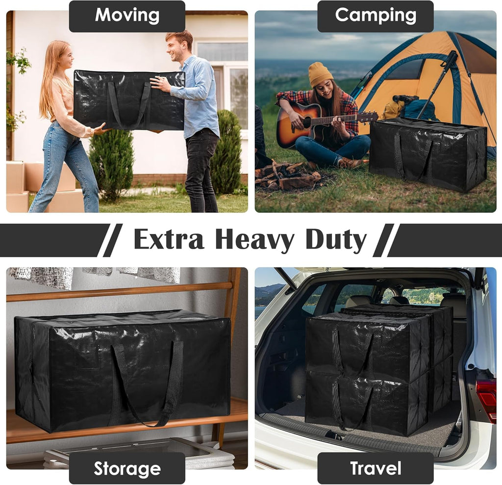 Skiennix Extra Large Heavy Duty Moving Bags - Moisture-Resistant Storage Bins with Reinforced Zipper & Wide Handles | Black, 6 Pack