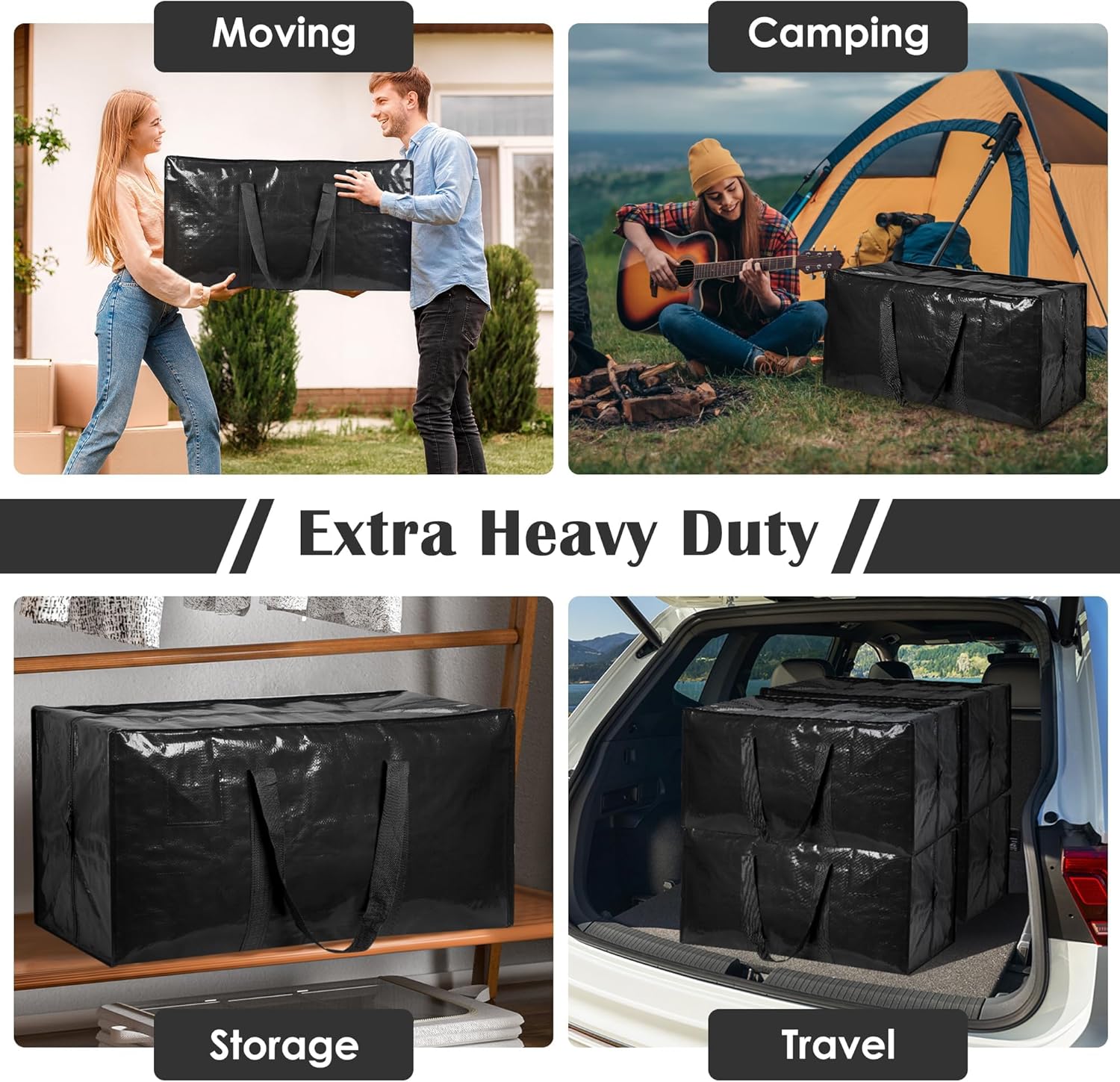 Skiennix Extra Large Heavy Duty Moving Bags - Moisture-Resistant Storage Bins with Reinforced Zipper & Wide Handles | Black, 6 Pack