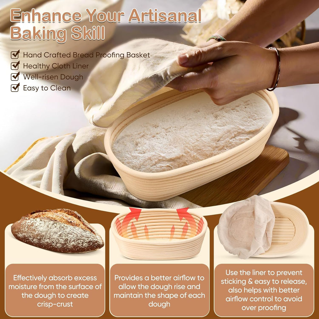 TeamFar Bread Proofing Basket Set - 10 Inch Oval Sourdough Baking Baskets with Liner for Dough Fermentation