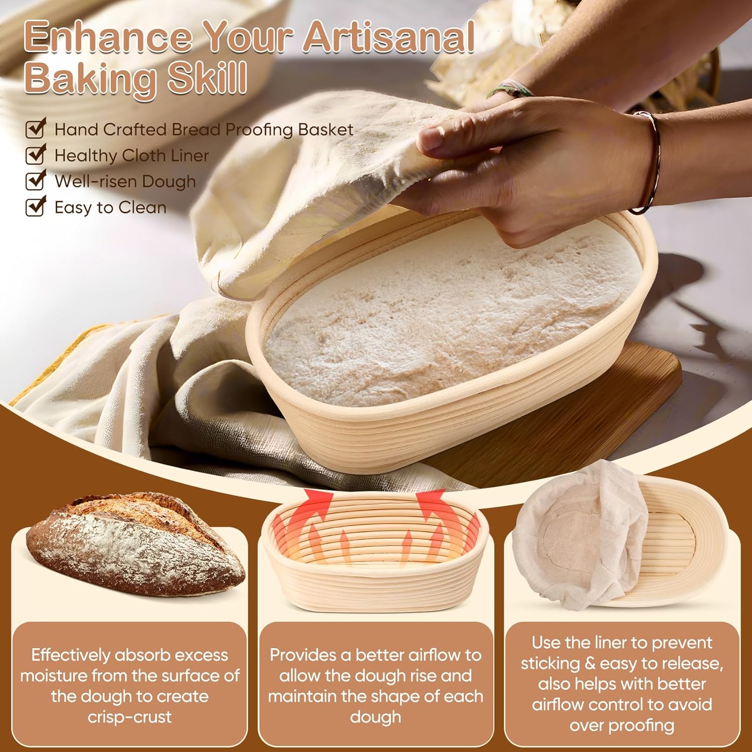 TeamFar Bread Proofing Basket Set - 10 Inch Oval Sourdough Baking Baskets with Liner for Dough Fermentation