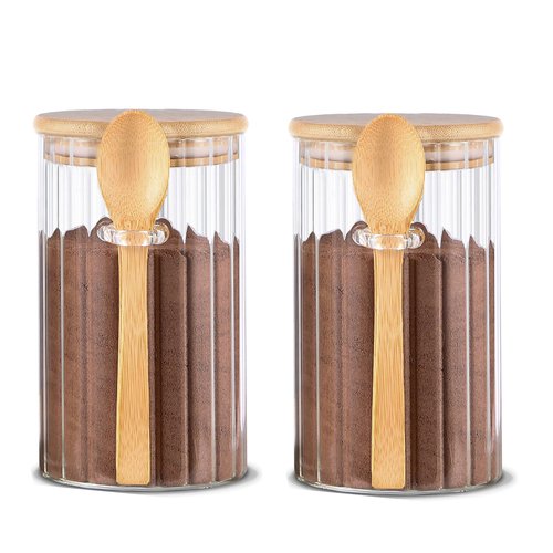 Steviieden 24 FL OZ Airtight Glass Jars with Bamboo Spoons Lids Overnight Oats Container Decorative Coffee Bar Food Storage Jar Cereal Nuts Salts Coffee Tea Flour Sugar Container Spice Jars (2Pack)