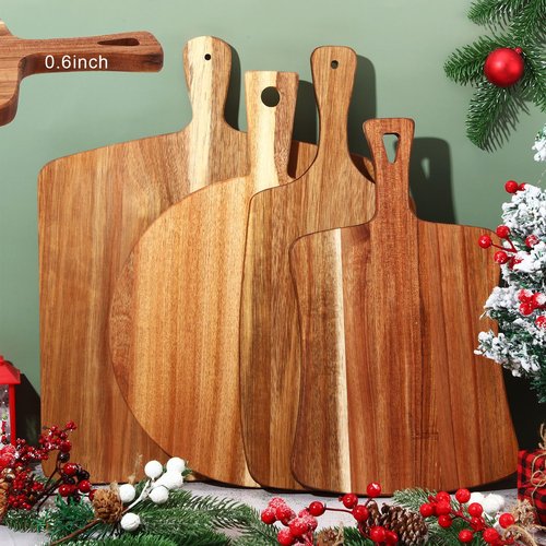 SiliFine Set of 4 Thick Acacia Wood Cutting Boards with Handles, Assorted Sizes Large Charcuterie Boards, Butcher Block Serving Tray for Cheese, Meat, Pizza, Vegetables, Bread(Large)