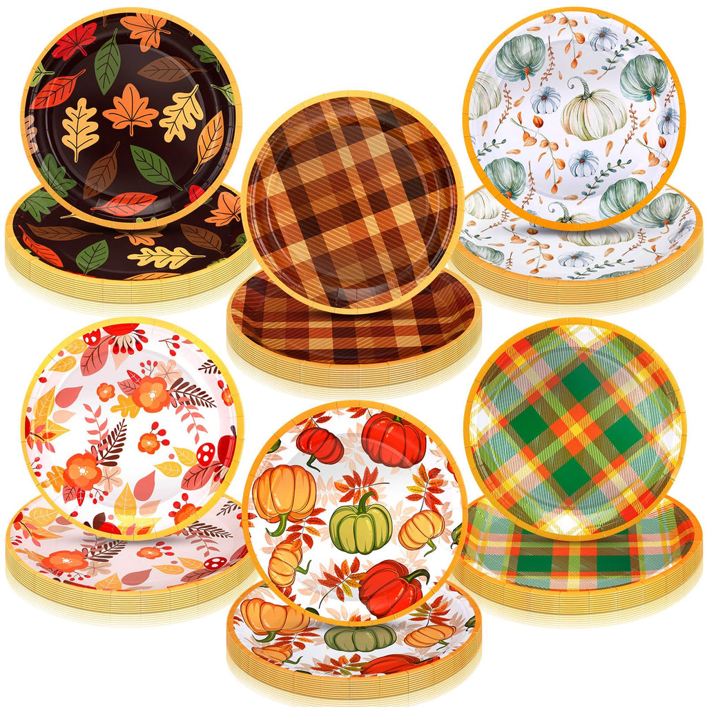 Uiifan 120 Pcs Fall Pumpkin Paper Plates Thanksgiving Dinnerware Set Maple Leaf Dessert Plates Disposable Autumn Harvest Round Dishes for Halloween Birthday Party Decoration, 6 Styles(7 Inch)