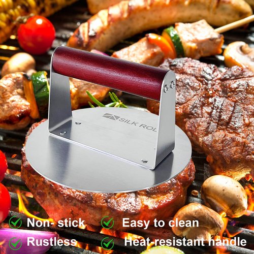 SILK ROLL Stainless Steel Burger Press, Hamburger Press, Heavy Duty Meat Press, 8 Inch Bacon Press & 6.3 Inch Round Burger Smasher with Wood Handle, Grill Press for Smashburger, BBQ Bacon Up, Beef