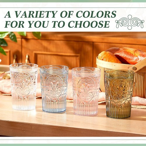 Acellegic Plastic Vintage Drinking Glasses - 16 oz Stemless Ribbed Highball Glasses Bulk Embossed Reusable Cups for Water Beer Cocktails Juice Wedding Bridal Shower Birthday Event Party(Clear,48 Pcs)