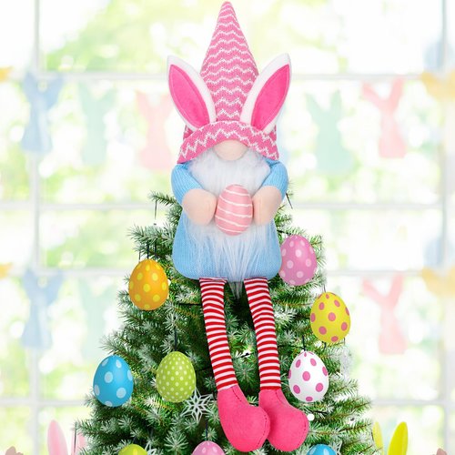 VitalCozy Easter Tree Topper 24 Inch Large Plush Gnomes Tree Ornaments Swedish Party Decoration Supplies with High Hat Legs Bunny Rabbits Ear for Home Fireplace Table Holidays Presents