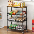 4-Tier Rolling Kitchen Storage Cart, Utility Kitchen Pantry Snack Organizer Cart with Wheels, Microwave Stand with Storage Shelf for Snack Fruit Vegetable Potato Onion, 6 Wire Basket and Wood Tabletop
